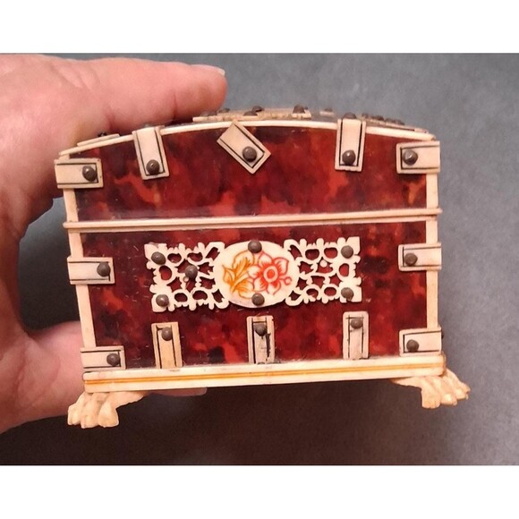 Vintage Vizagapatam Box Faux Tortoiseshell Carved Painted - Picture 4 of 10